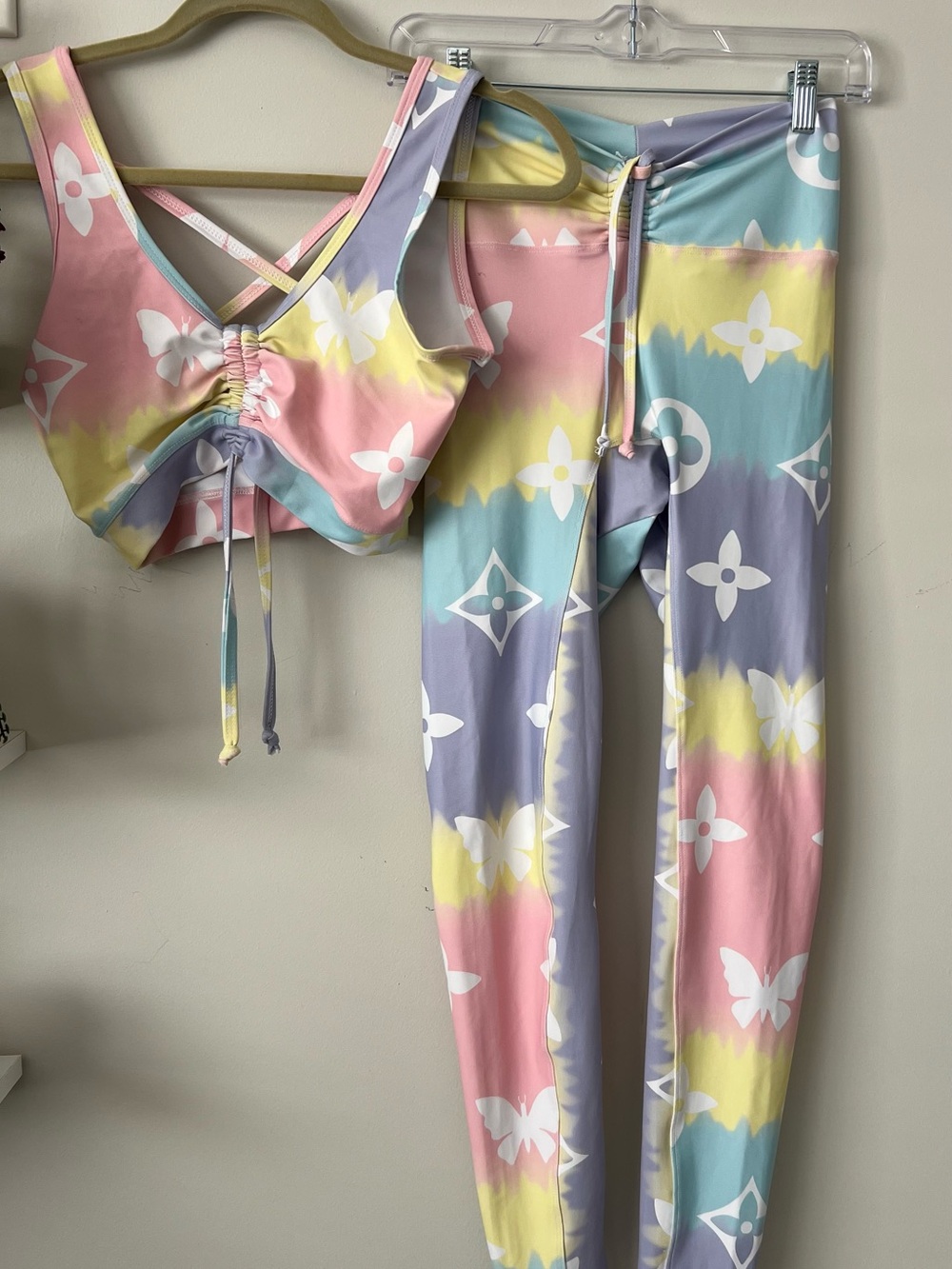 Pastel Butterfly Drawstring Crop Tank Top and Leggings